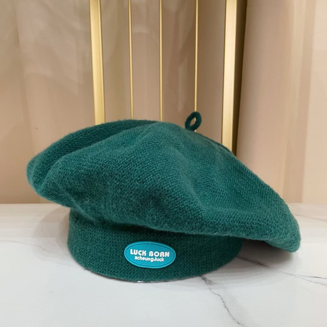 Béret tricoté avec écusson jaune Ins pour femme, chapeau de peintre japonais octogonal, rétro, , nuage, automne et hiver: Green