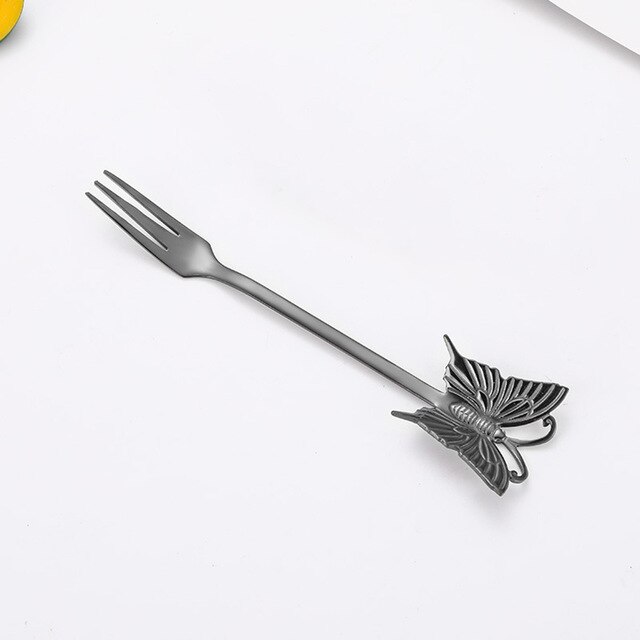 Dessert Cake Fork Stainless Steel Coffee Spoon Butterfly Fruit Fork Milk Shake Spoon Reusable Spoon Smoothie Spoon: Black-Fork