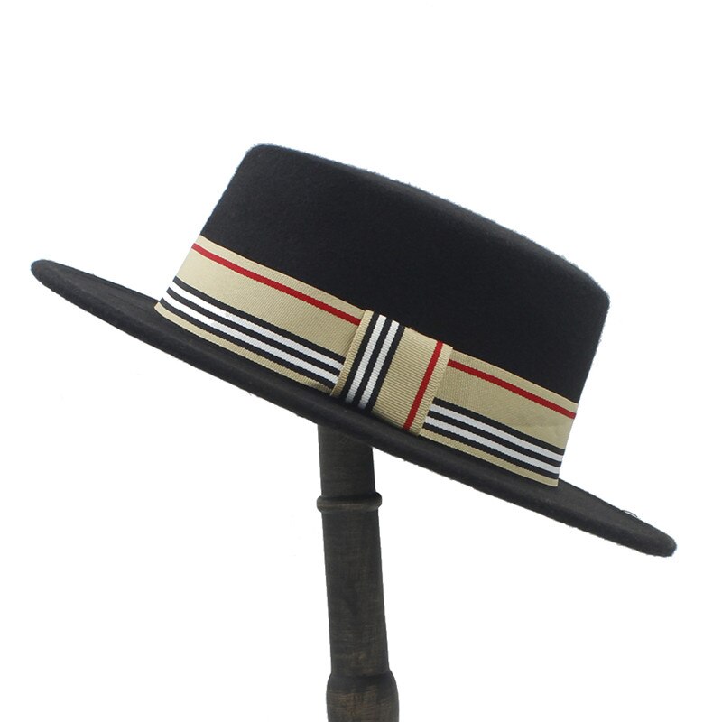 Frauen Männer Wolle Flache Homburg Filzhut Gentleman Schweinefleisch Kuchen Kirche Bootsfahrer Panama oben Kappen Gute Paket Größe 56-58 CM: Schwarz