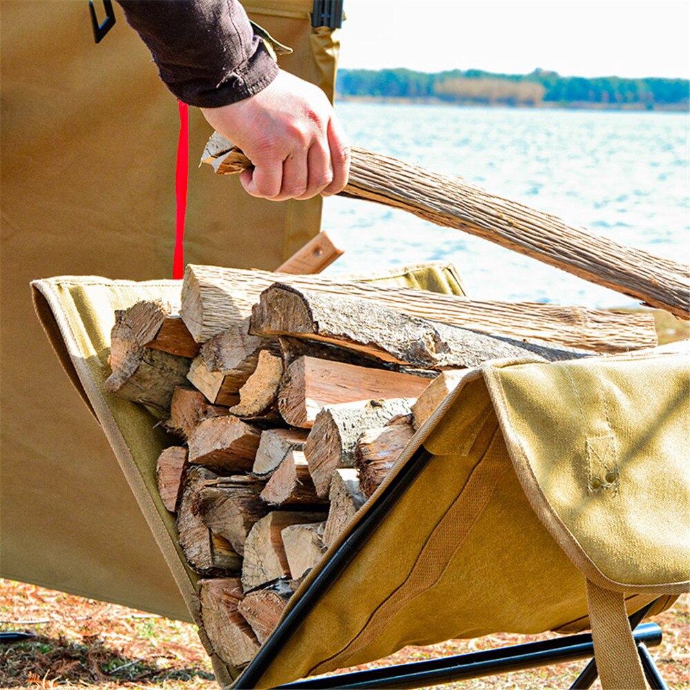 Bolsa de almacenamiento de madera para exteriores, manijas de lona de aleación de aluminio plegable a prueba de humedad con estante para acampar, soporte de almacenamiento de leña