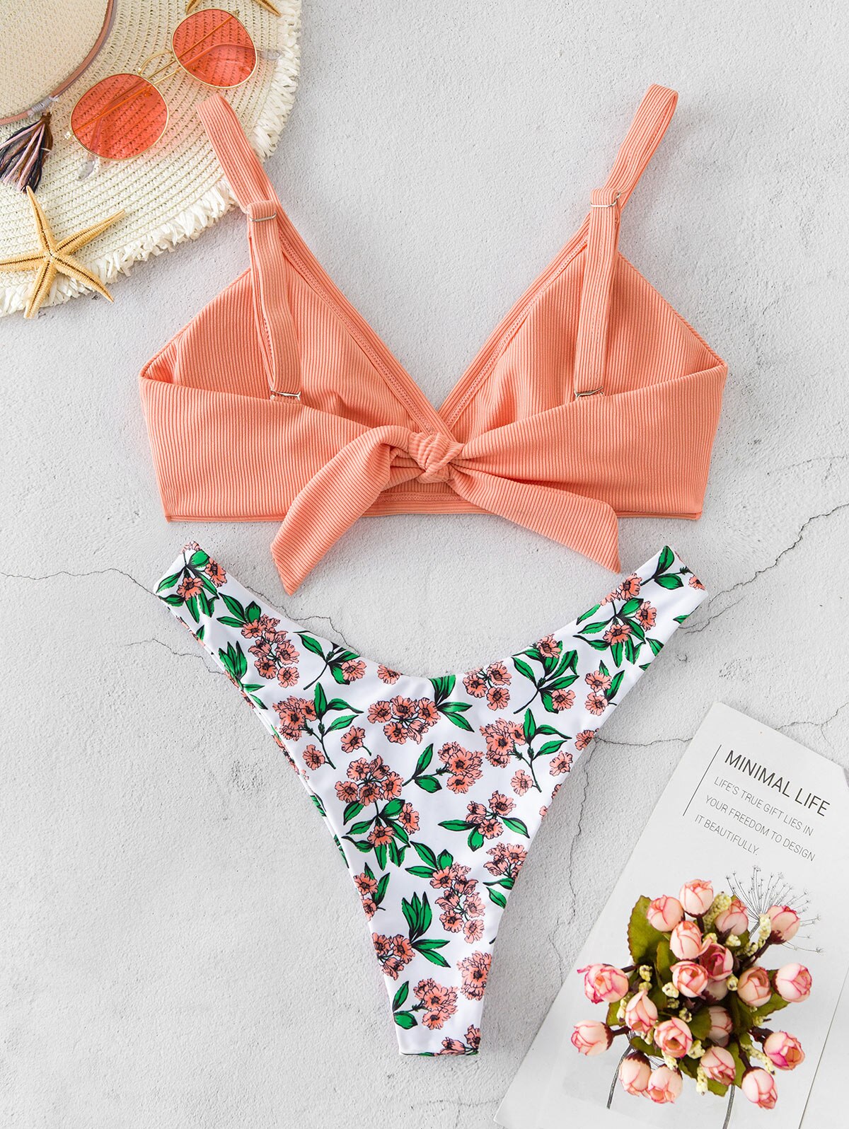 Zaful Bloemen Geribbelde Hoge Cut Padded Bikini Badmode Bandeau Badpak Voor Het Zwembad Sexy Bikini Strand Wetsuit Dragen