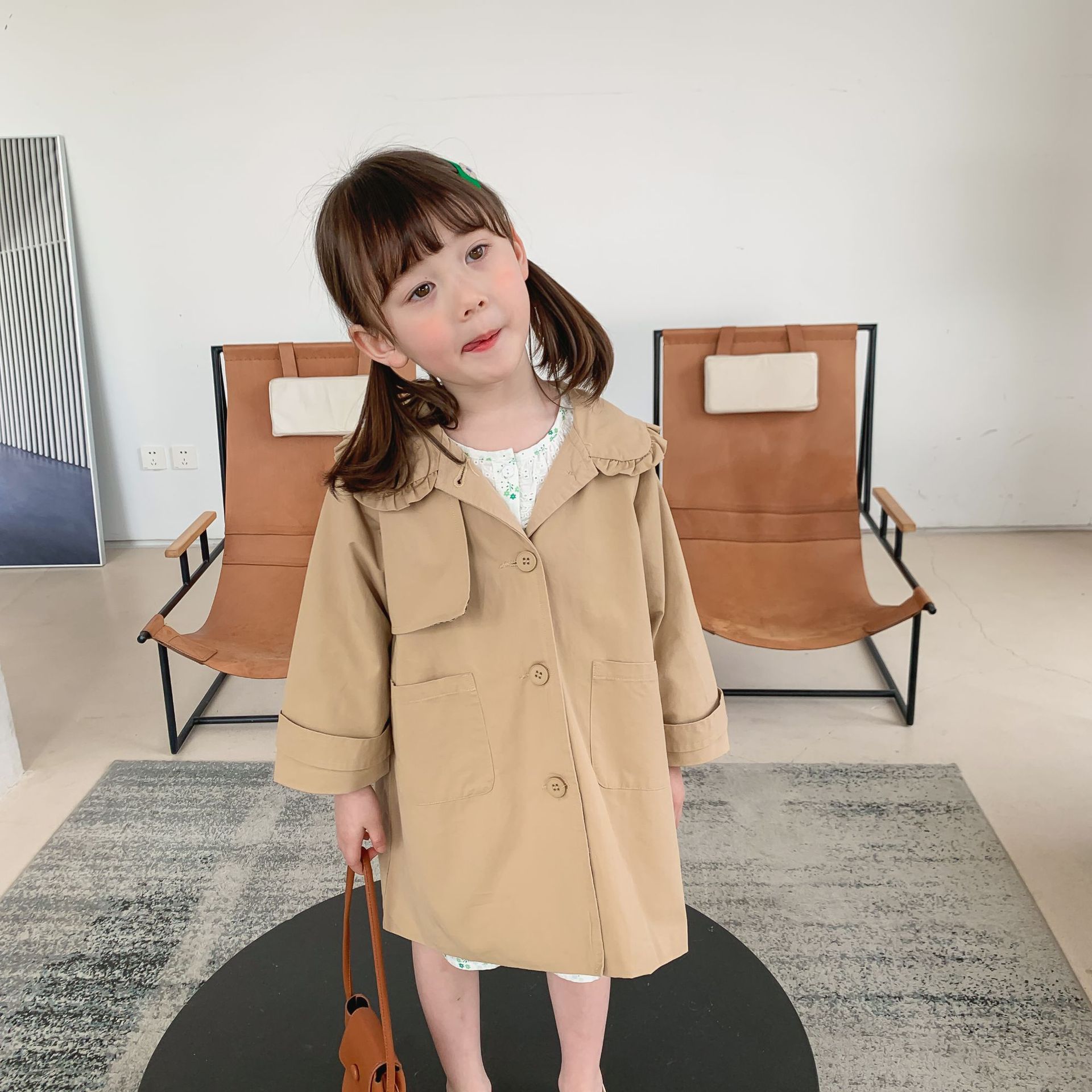 Spring Autumn back hollow trench jackets for girls cotton solid color bowknot furcal long style coats