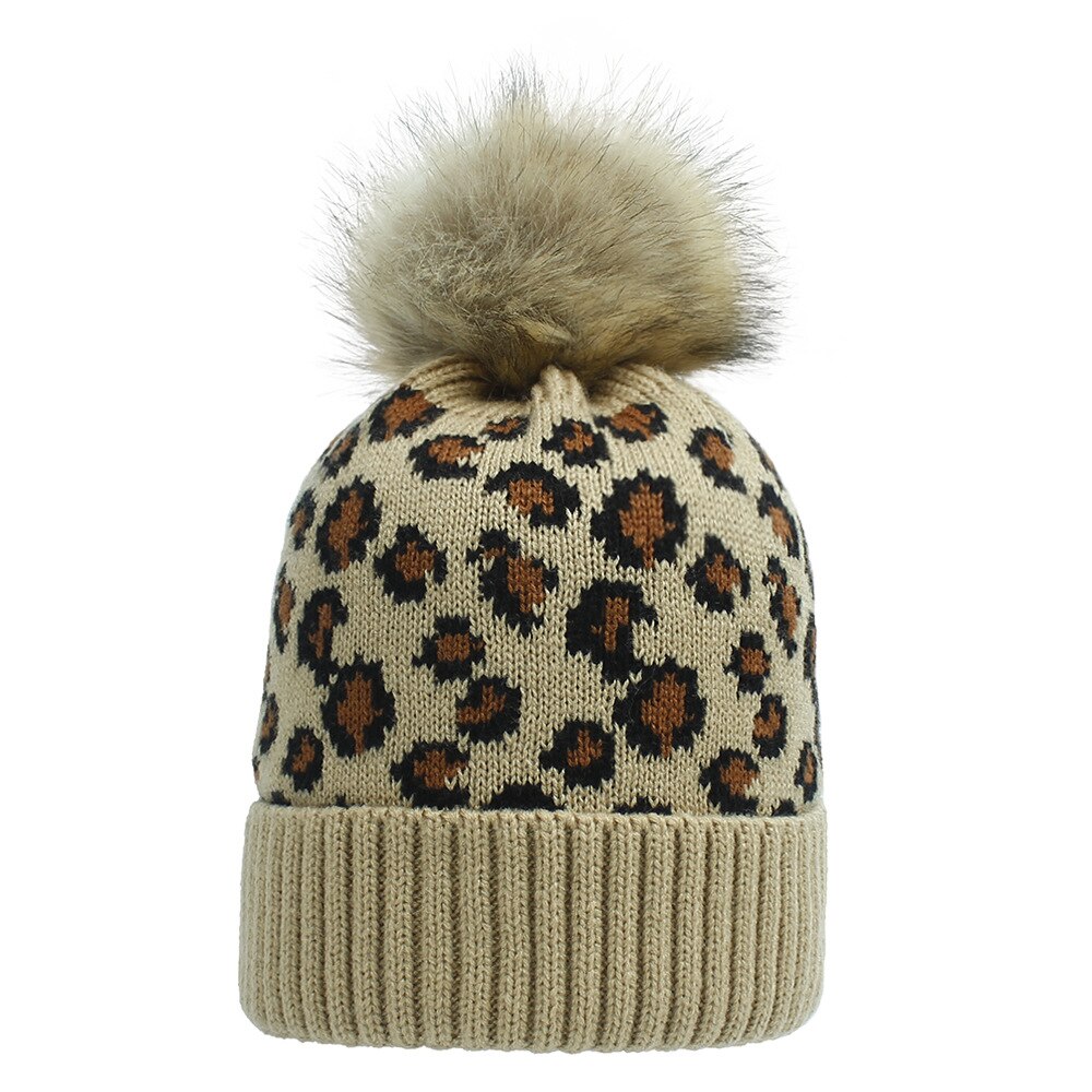 Gebreide luipaard mutsen dames pompon pompom wintermuts met pompon muts pompons voor muts imitatiebont casual warme gebreide muts muts: Kameel