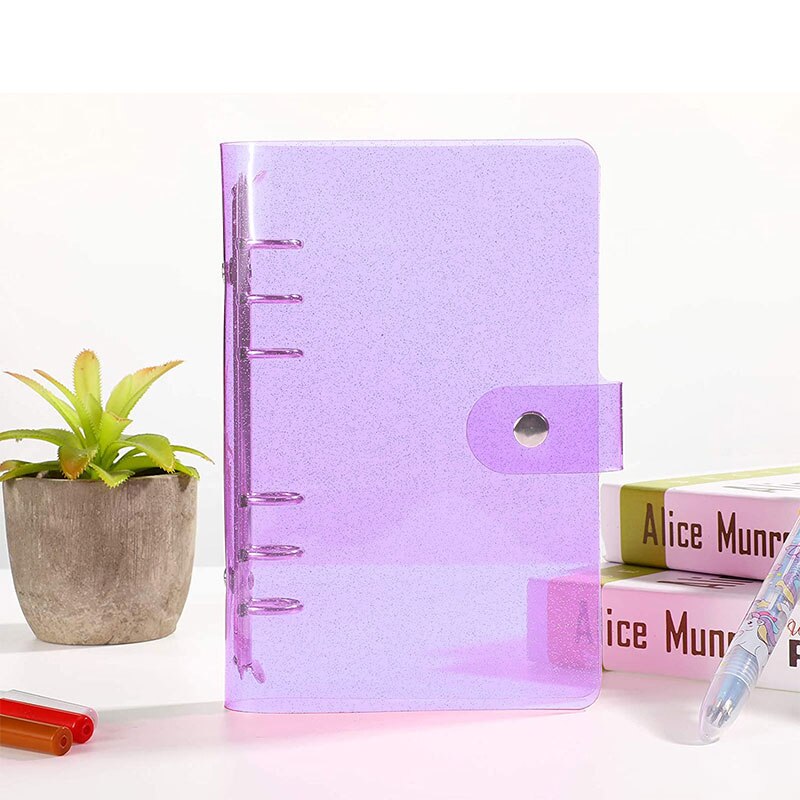 A6 soft PVC 6-ring binder cover with flashing transparent notebook zipper bag loose-leaf core book with snap button close binder: Purple