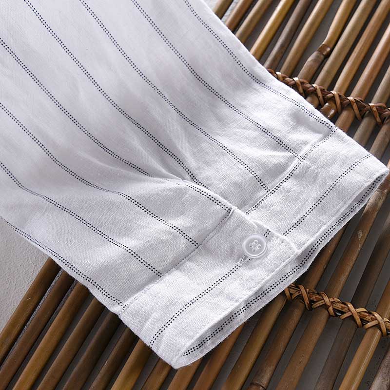 Camisa de lino Casual de manga 3/4 de rayas clásicas Retro para hombre, camisa de adelgazamiento, blusas de cuello mandarín, ropa masculina de estilo coreano