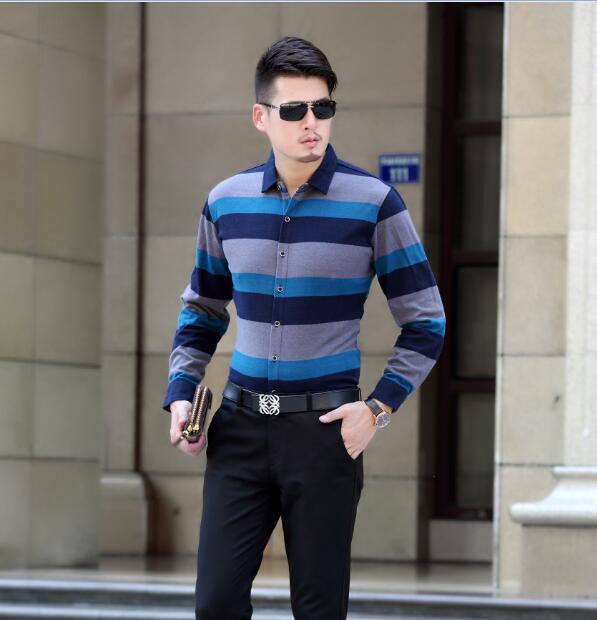 Heren overhemd met brede strepen, casual en zakelijk, lange mouwen, brede strepen, geverfd slim fit katoenen overhemd voor heren: Blauw / S