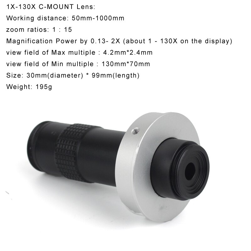 Industrial Microscope 5X-130X C-mount Lens Large Field of View High Working Distance Monocular Video Magnifying Glass
