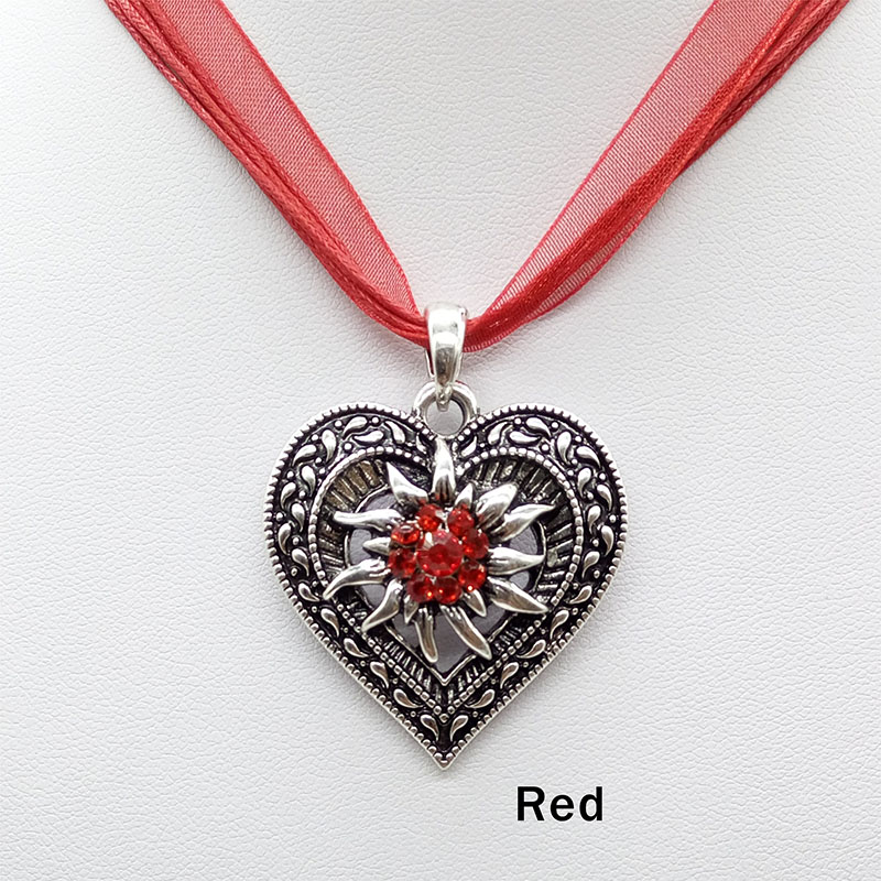 Vintage Carved Heart Edelweiss Flower Pendant Necklace Oktoberfest Beer Maid Costume Necklace Jewelry: red