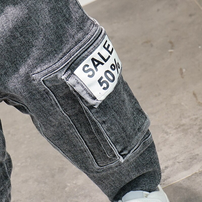 Pojkesjeans för pojke lapptäcke pojkesjeans avslappnade lastbyxor barnjeansbyxor skolavår höstkläder för pojkar arbets jeans