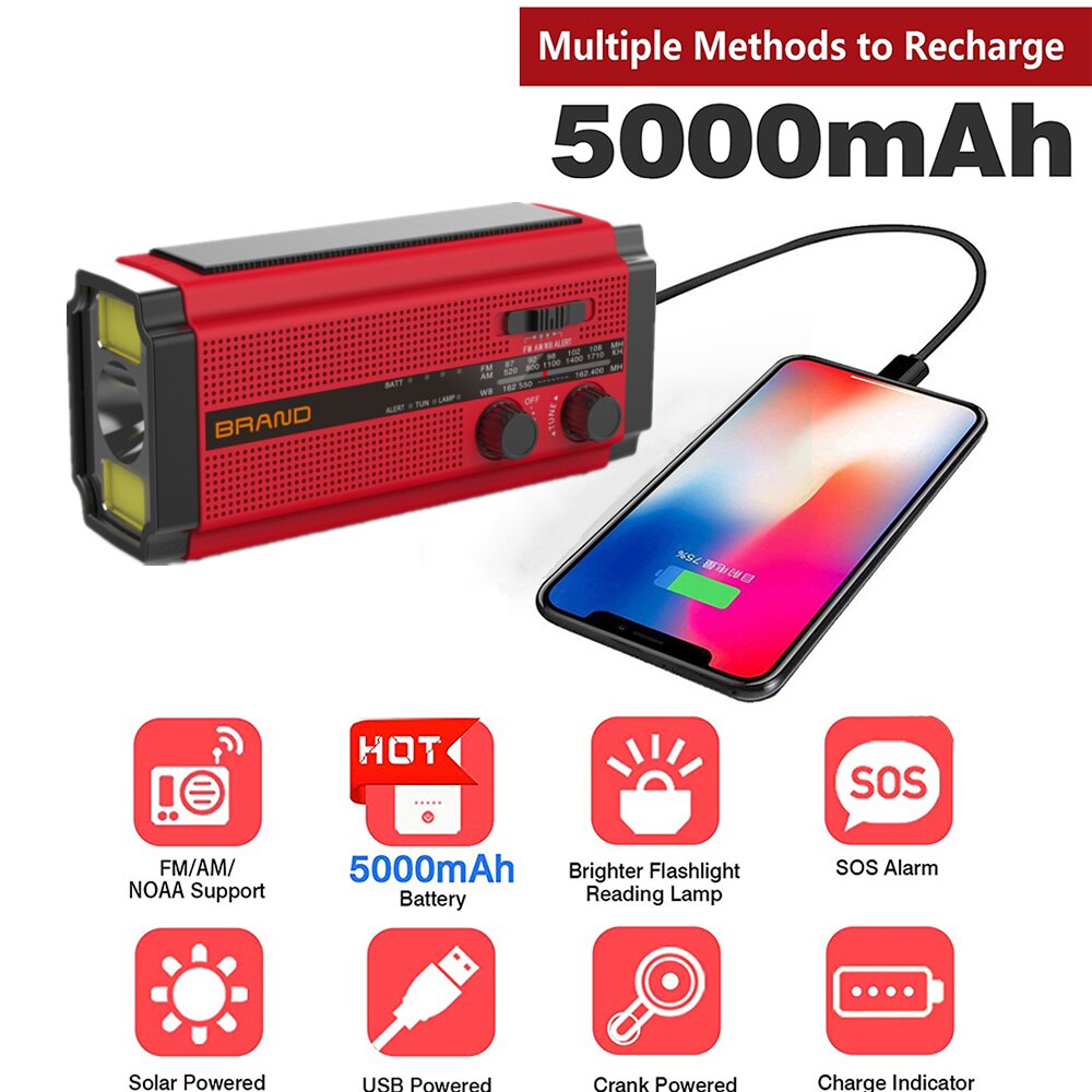 Solar Radio Hand Crank Emergency Flashlight Reading Light AM FM NOAA Phone Charger SOS Alarming Outdoor Survival Power Bank