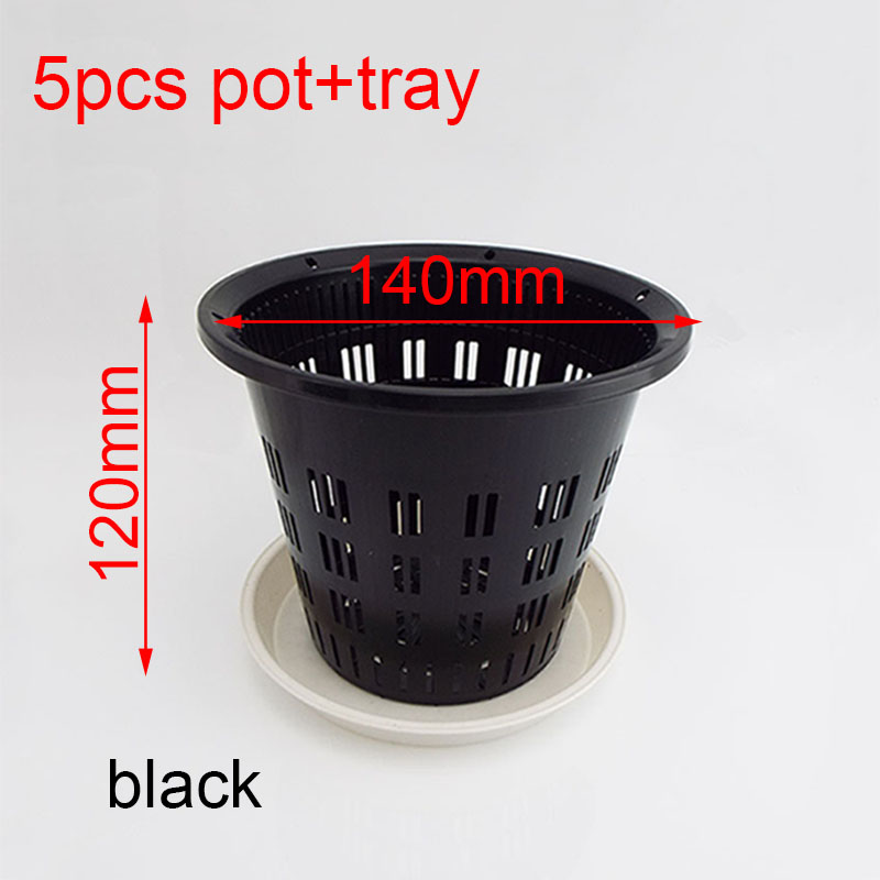 Macetas de plástico transparente para orquídeas, bandeja con agujeros, función de aire, contenedor de crecimiento de raíz, ranuras, Agujero colgante de pared, 5 piezas: 140mm black