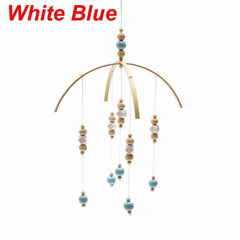 Nordic Baby Rattle Toys Wooden Beads Crib Wind Chimes Newborn Bed Hanging Toy: White Blue