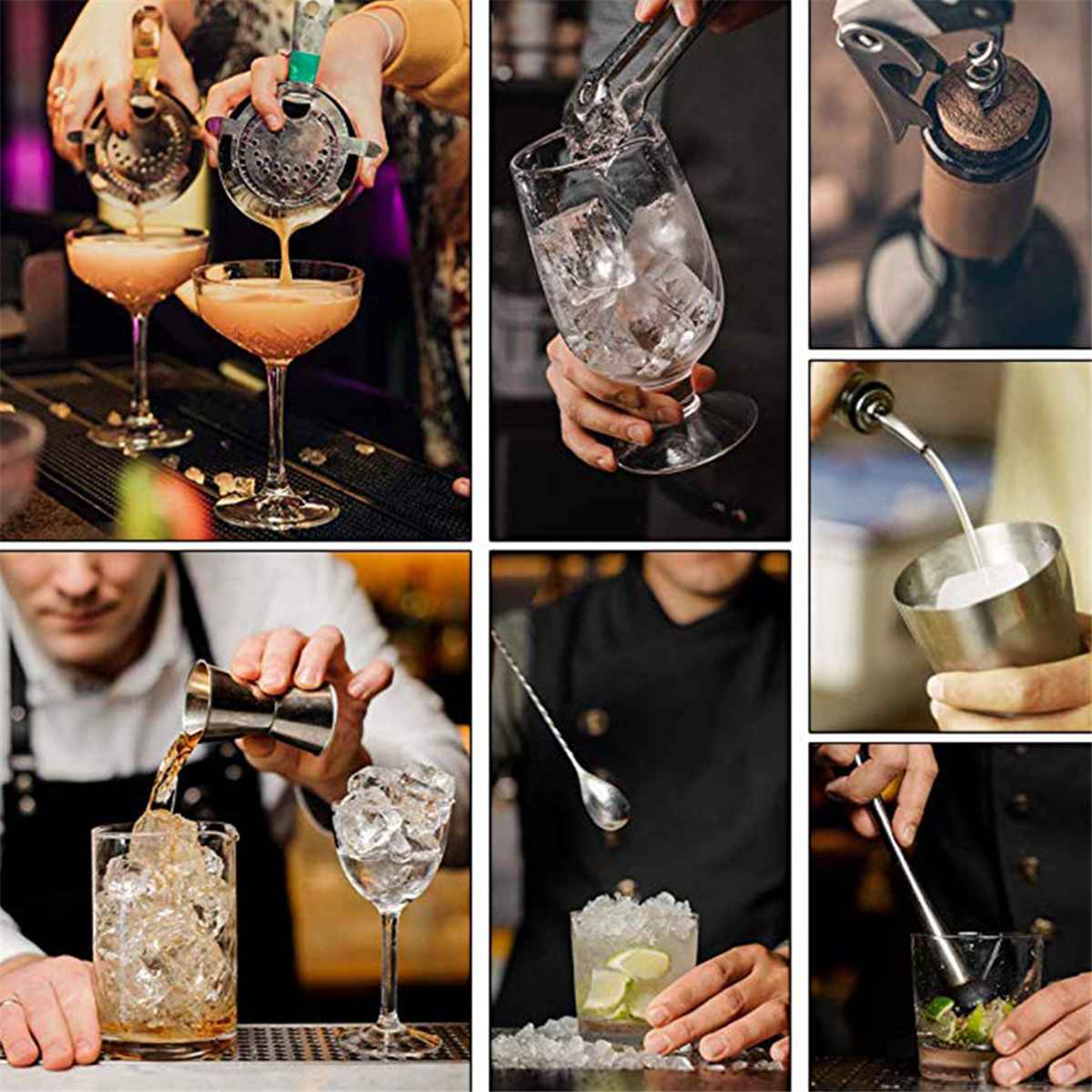 14pcs 550/750ml 304 Stainless Steel Cocktail Shaker Set Barware Kit with Bamboo Wine Rack for Bartender Drink Party Bar Tool Set