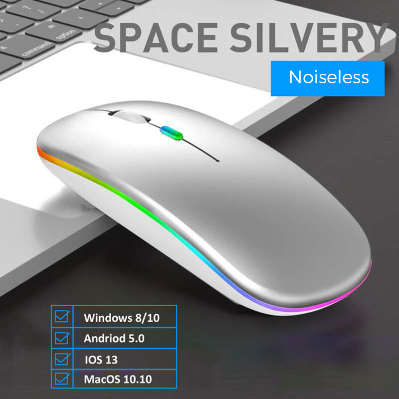 Wireless Mouse Bluetooth-Compatible Rechargeable Mouse Computer Silent Mause Ergonomic Mini Mouse USB Optical Mice For PC Laptop: Silver 2