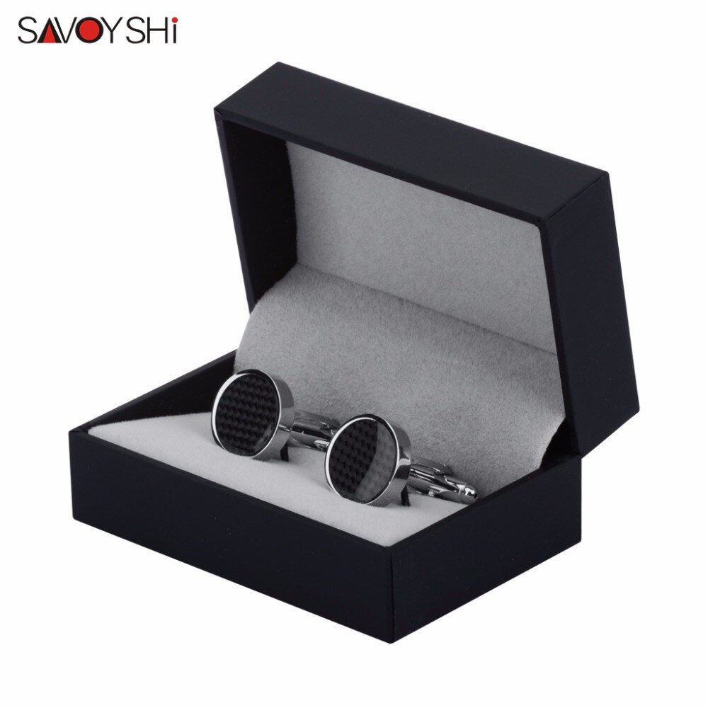 SAVOYSHI Black Carbon Fiber Cufflinks for Mens Shirt Cuff buttons Round Silver color Cuff link Brand Men Jewelry