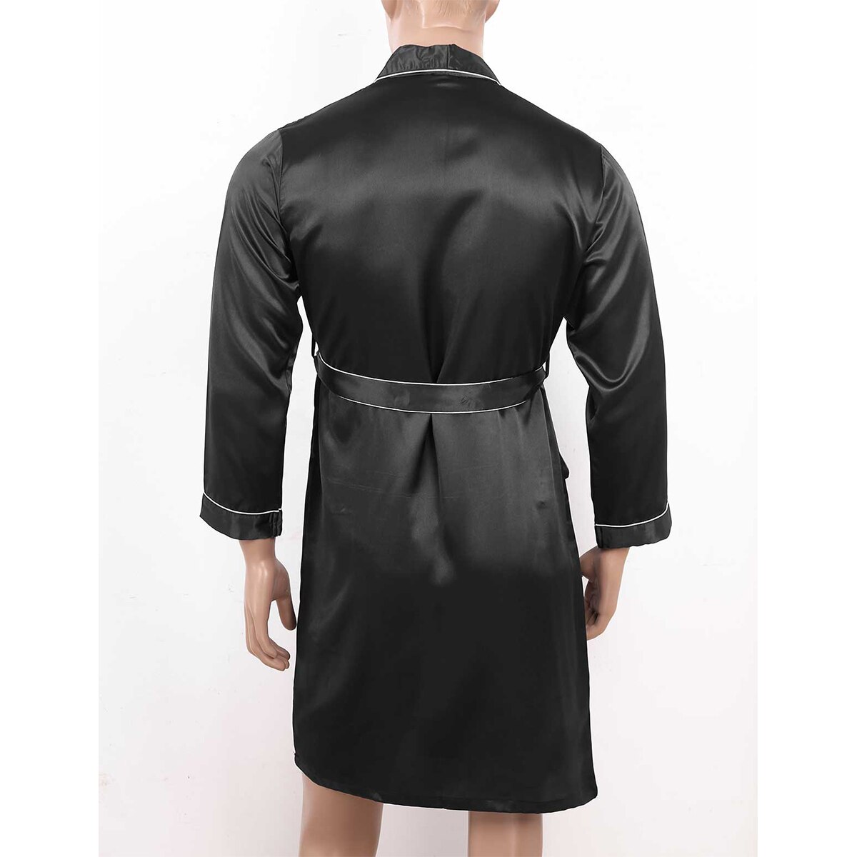 Peignoir Homme Long En Satin Soyeux - Léger, Manches Longues, Col V, Avec Ceinture Et Poches - Couleur Bleu Ou Noir - 14