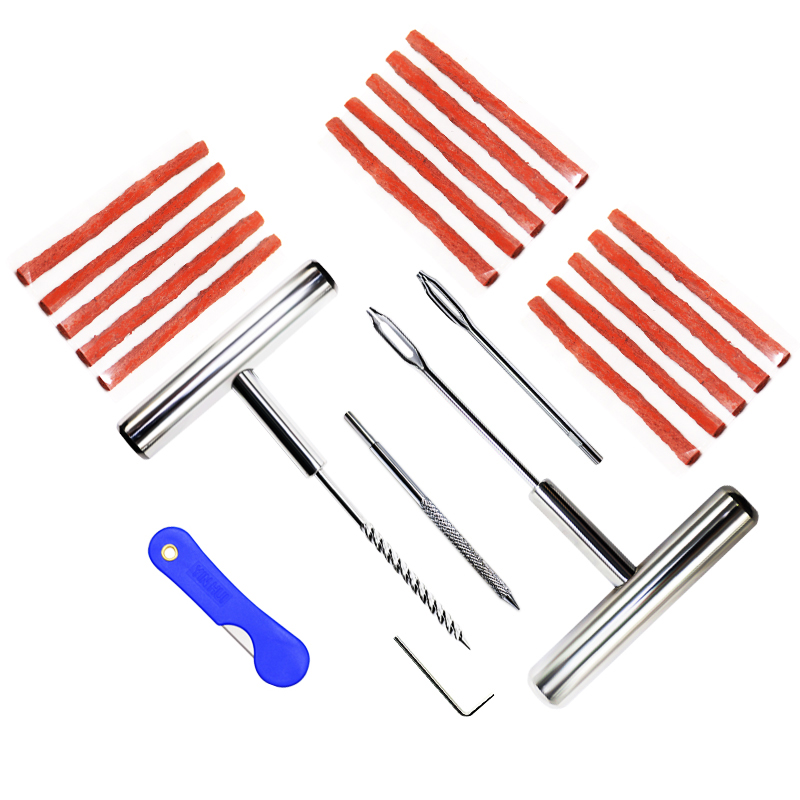 Zestaw narzędzi robić naprawy opon samochodowych, narzędzia robić naprawy przebić opon, konserwacja samochodowa, gumowe paski, kołki, korki, akcesoria robić naprawy opon rowerowych i motocyklowych.