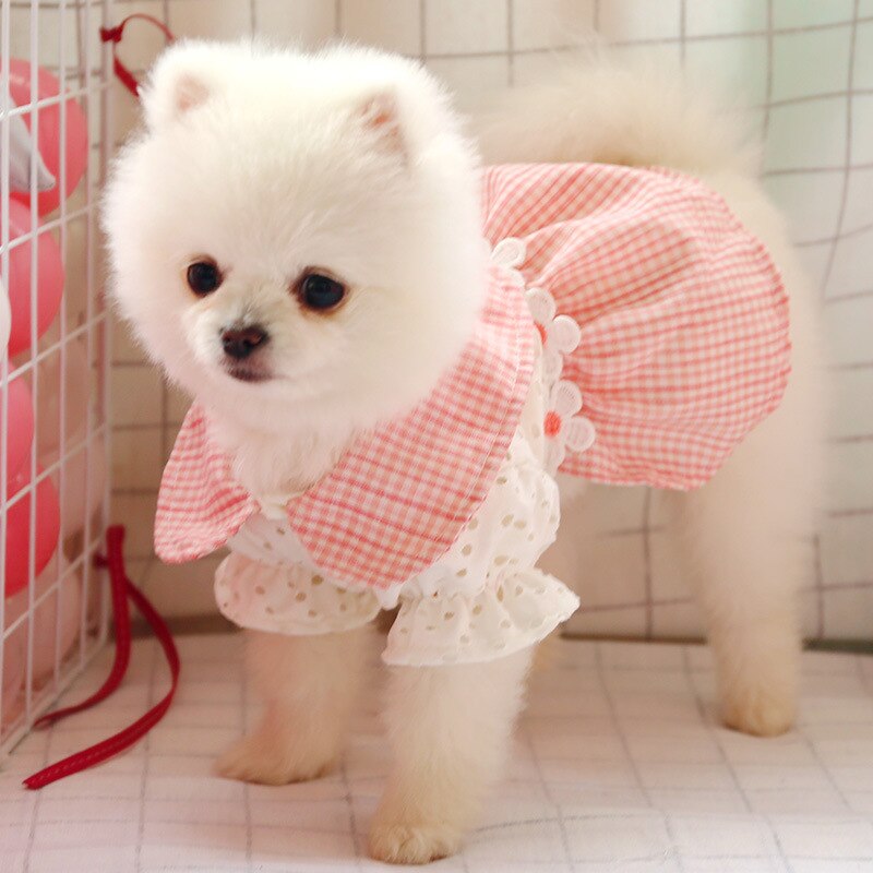 Ropa de perro cachorro perro peluche Schnauzer Pomerania Chihuahua Bichón perro ropa para mascotas ropa hueco Rosa vestido a cuadros