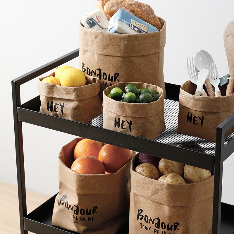 Sac en papier Kraft lavable, sacs de légumes, sac de produits, sac de rangement de légumes réutilisable, sac de rangement de fruits et légumes de cuisine
