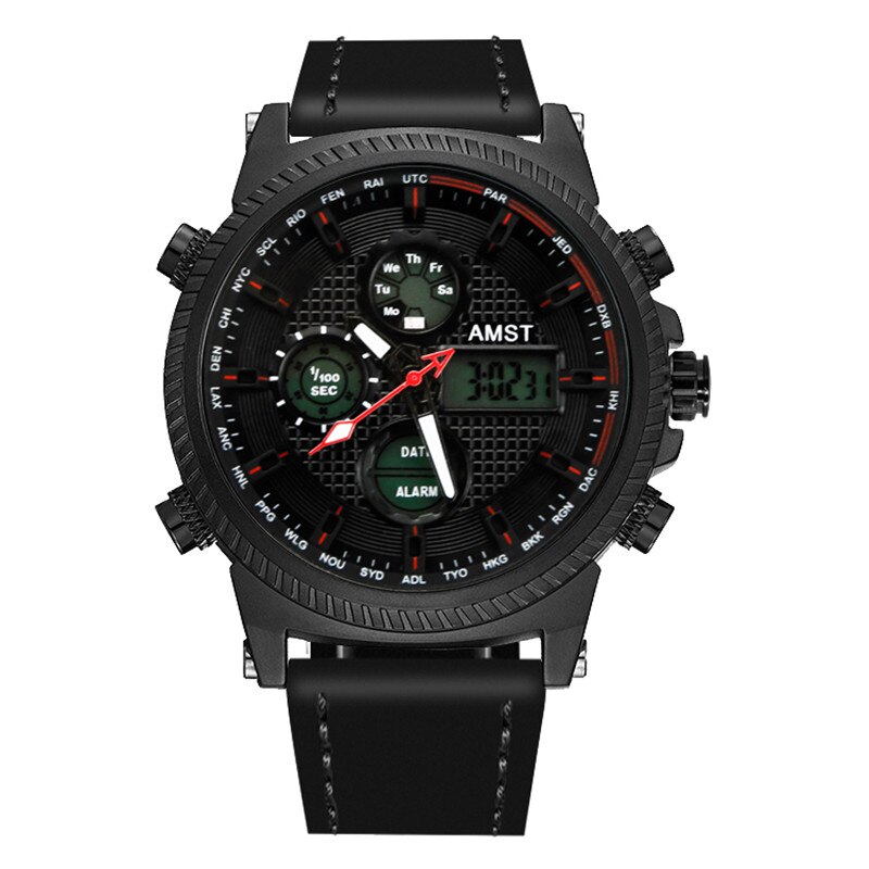 Relojes militares AMST de 50M, Relojes LED con correa de cuero resistente al agua, relojes de cuarzo de lujo de la mejor para hombre, reloj Masculino: black