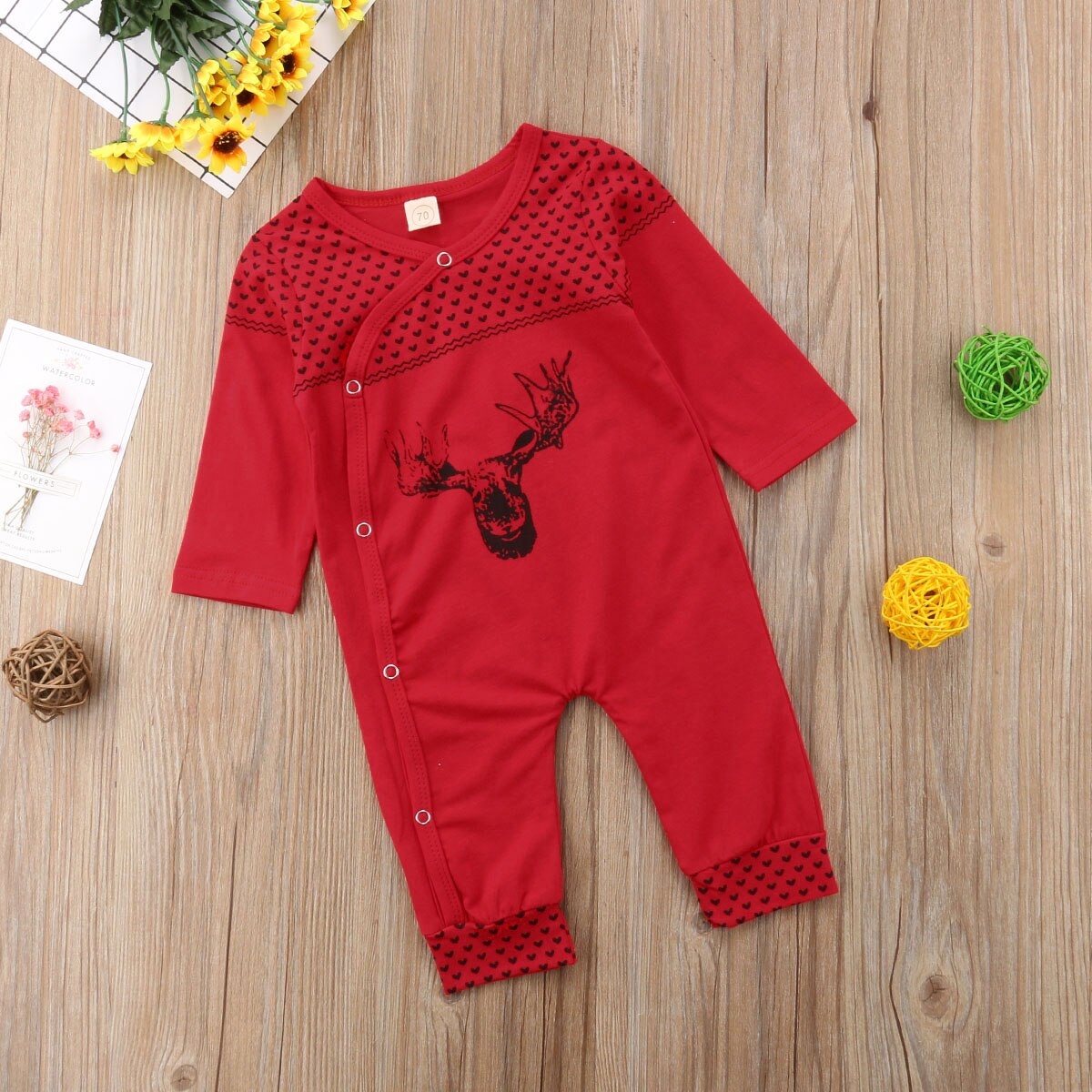 2018 Brand New Natal Da Criança Do Bebê Meninas Meninos Romper Manga Comprida Único Breasted Veados Impressão Macacões Romper Outono Roupas de Inverno: Vermelho / 3M