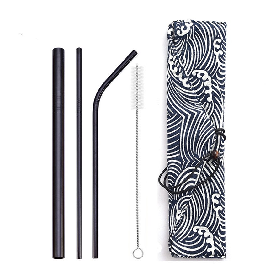 Reusable Metal Drinking Straws 304 Stainless Steel Straw Bent Straight Smoothies Straw with Cleaning Brush Bar Party Accessory: black-bag1