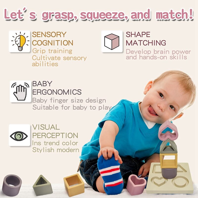Baby Soft Nesting Sorting Stacking Toys Silicone Block Shape Toys Recognition Learning Development Toys Jigsaw Puzzles