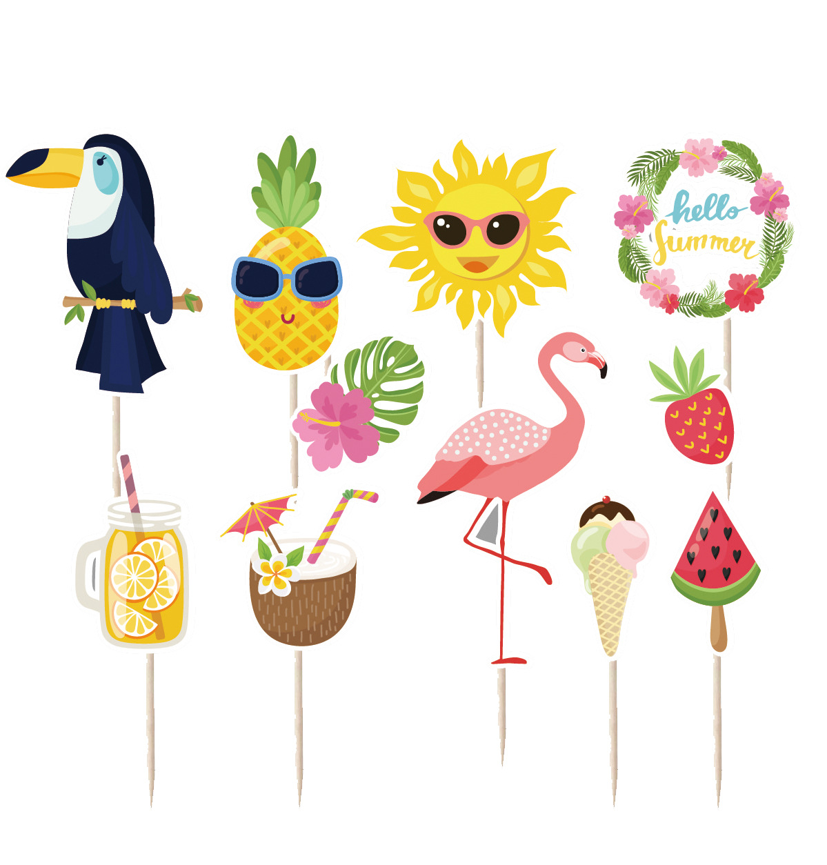 Décoration de gâteau d&#39;été pour anniversaire Tropical hawaïen, flamand rose, ananas, Toucan, Aloha, lettre, Cupcake, fête de mariage: 11pcs