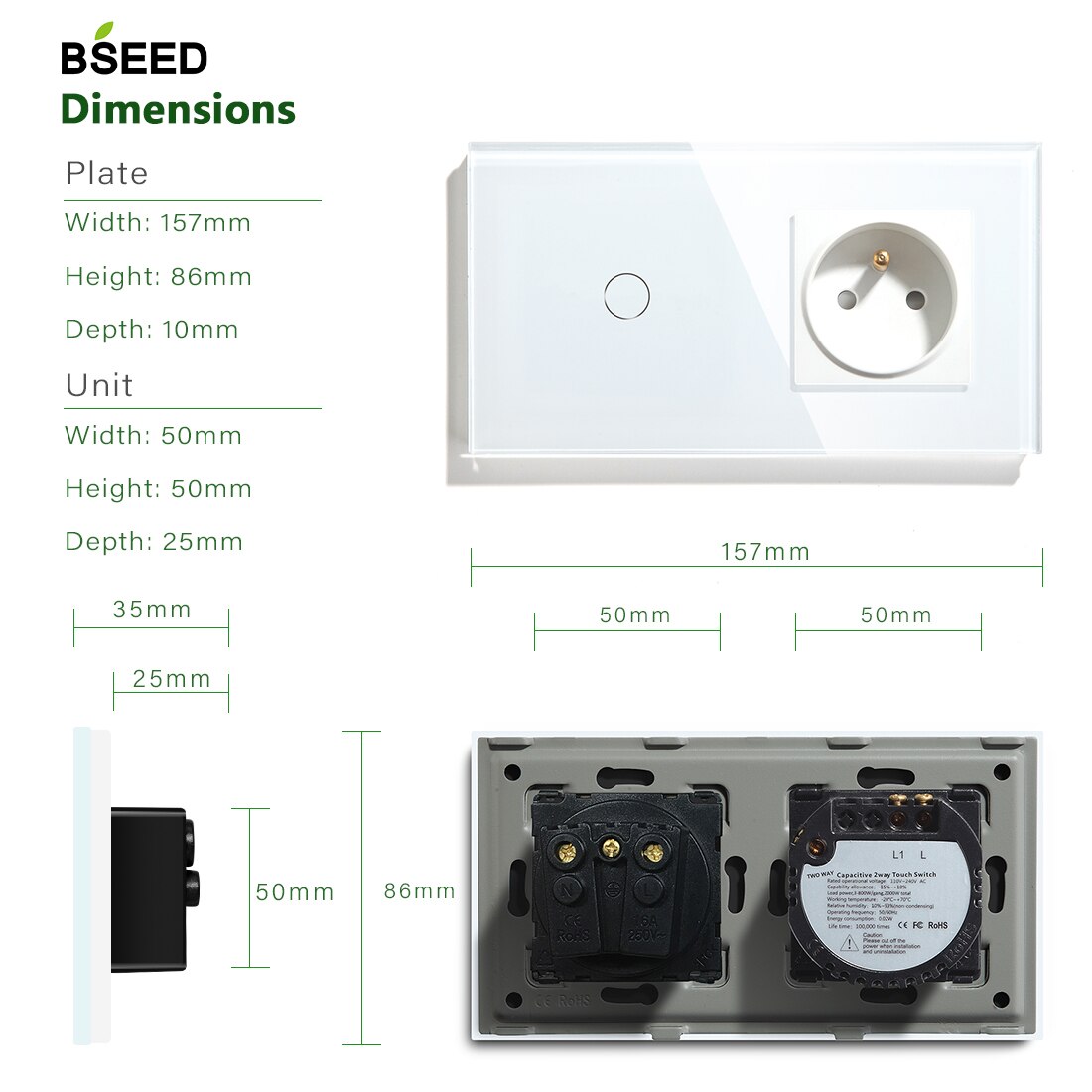 BSEED Touch Light Switch 1 Gang 2 Gang 3 Gang With FR Wall Socket White Black Gold Wall Sensor Switch Crystal Glass Panel Home