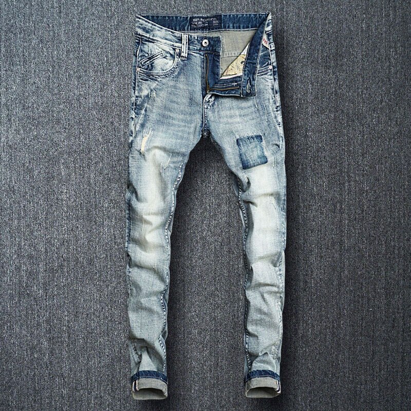 Pantalones vaqueros Vintage italianos para hombre, Jeans rasgados ajustados de color azul claro Retro para hombre, ropa de calle de , Jeans de de Hip Hop para hombre