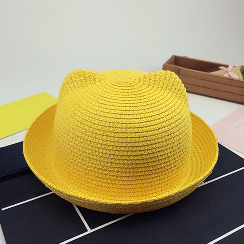 Sombreros de paja a la para chicas y niños, gorros de paja para el sol de bebé, gorro de decoración con orejas de gato flexible y sólido, dg88: Amarillo