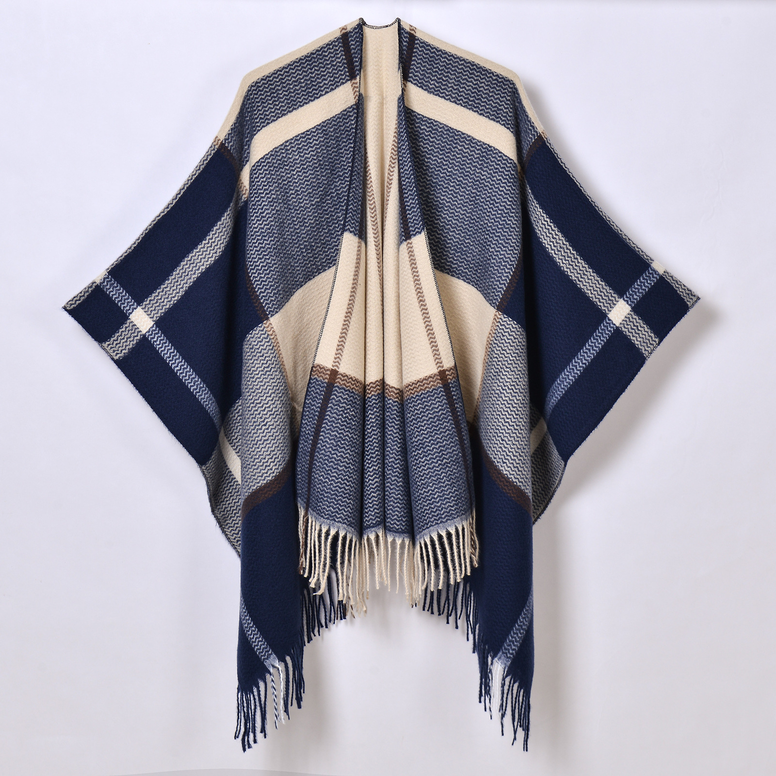 Autumn Winter Warm Tassel Cardigan Poncho Cape Blanket Women Knitted Jacquard Striped Outerwear Shawl Cloak: Navy Blue