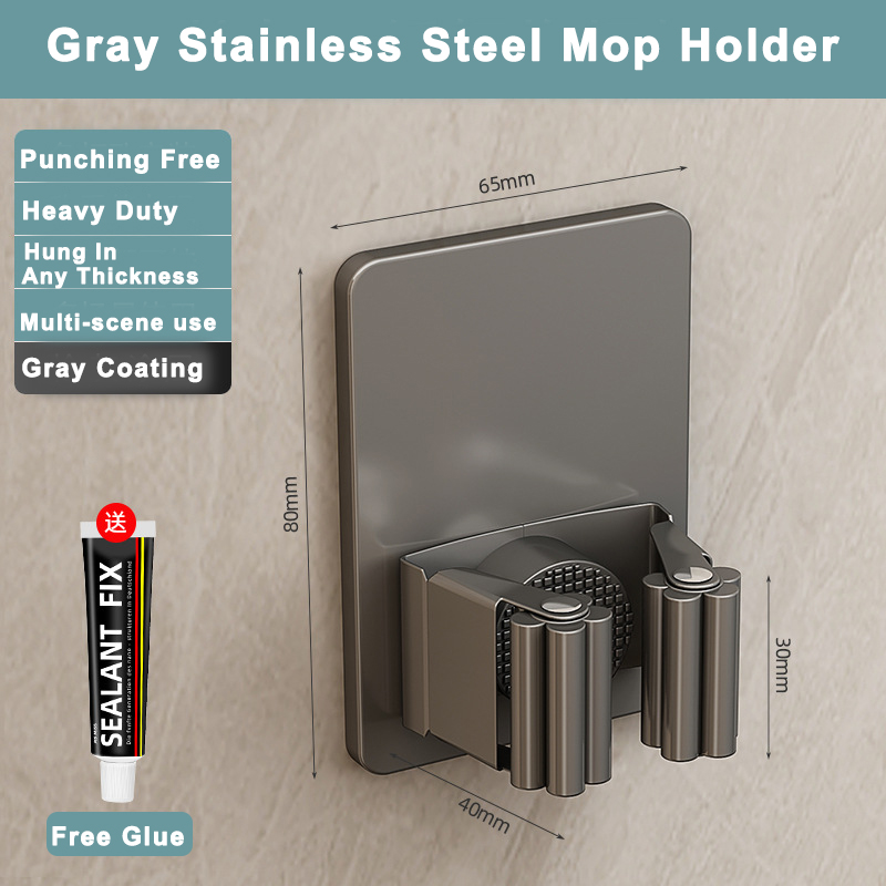 Soporte para fregona de acero inoxidable 304, ganchos multiusos adhesivos montados en la pared, organizador de almacenamiento para el hogar, colgador de escoba: Negro