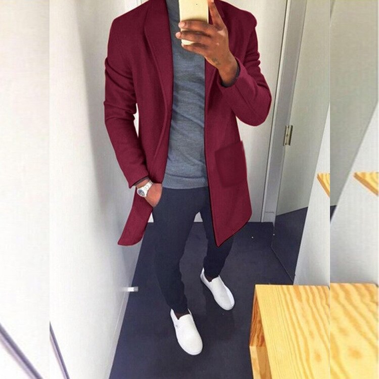 neue männer Wolle Gemischt Lange Mantel Jacke Männlichen Herbst Winter schlank passen Kaschmir Mäntel Einfarbig Wolle Mantel oberbekleidung 3XL: Burgund / M