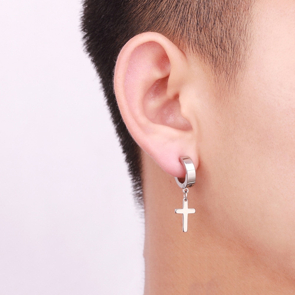 Zimno Punk Egirl Black Cone Zilver Kleur Rvs Nep Piercing Oorbellen Cross Hanger Clip Oor Manchet Mannelijke Goth Sieraden