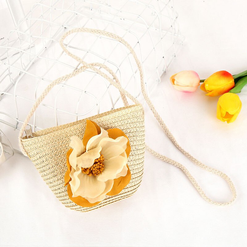 Women Girls Straw Sun Hat + Cute Flower Straw Shoulder Bag Set Summer Beach Kit -B5