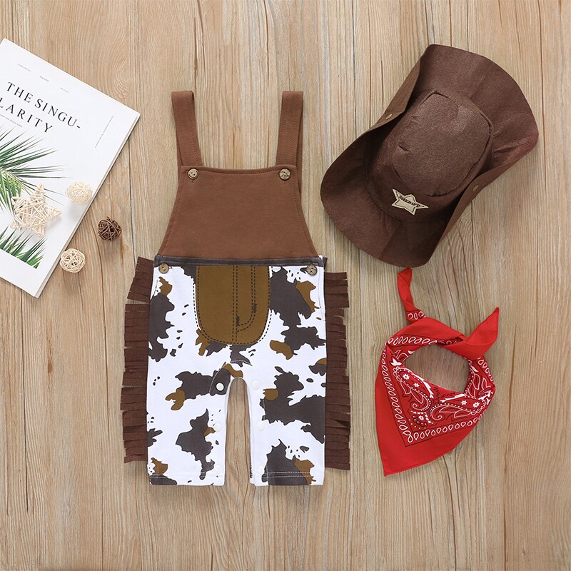 Ensemble 3 pièces de vêtements pour bébés filles | Tenue pour bébé fille garçon Cowboy, barboteuse à franges, combinaison de jeu