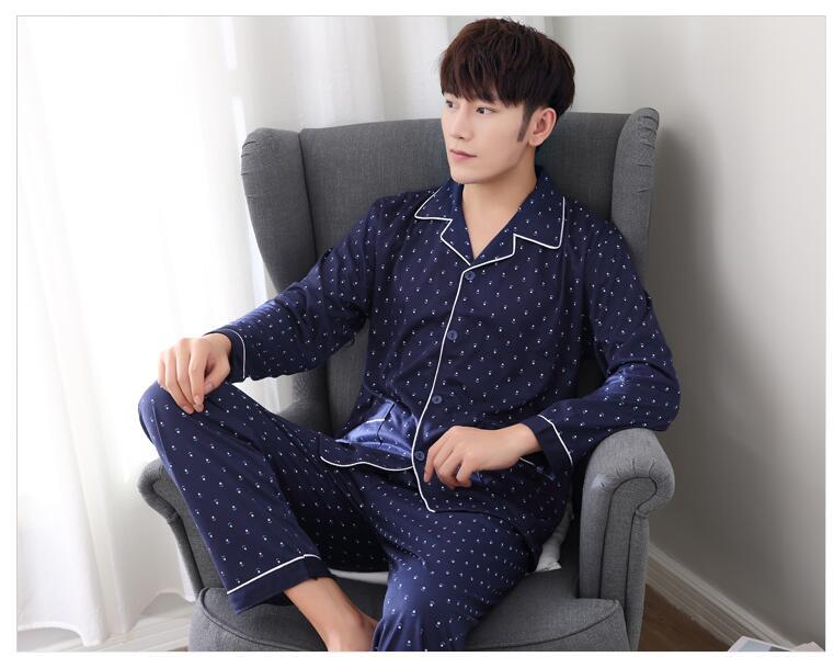 men sleeping cloths turn-down collar dark blue polka dot print coat