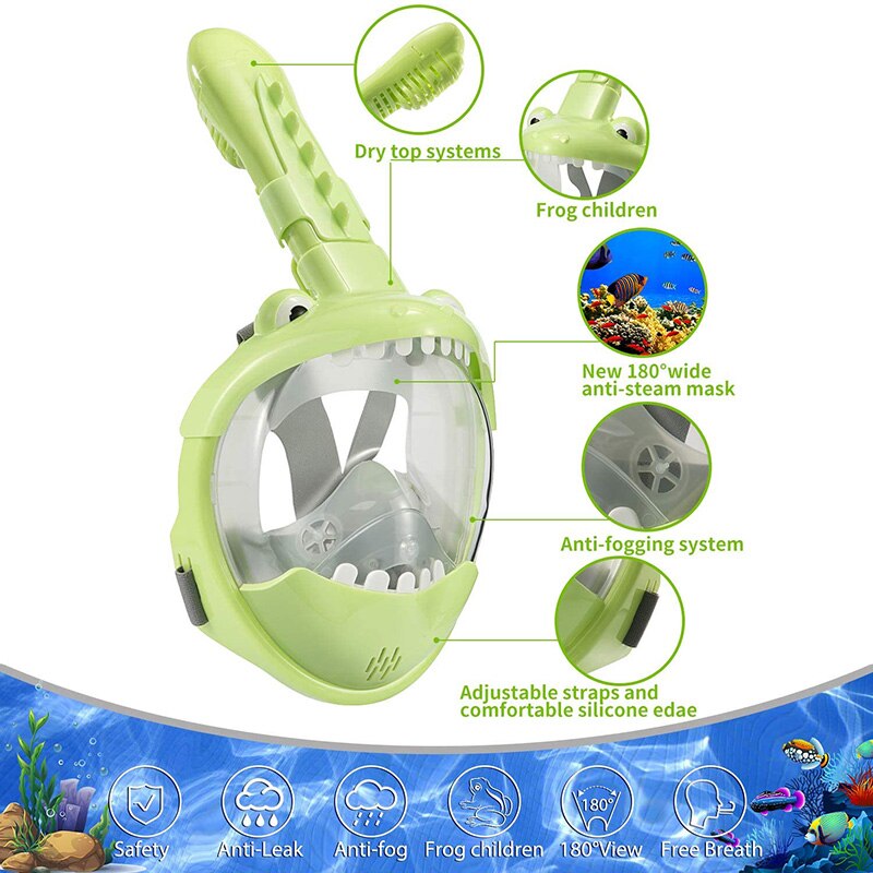 Hel ansikts barn snorkel mask vikbar 180 graders panoramautsikt snorkling mask anti dimma anti läckage snorkel