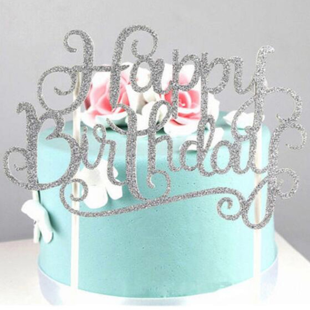 Gold Silver Blue Cupcake Cake Topper Happy Birthday Cake Top Flags for Love Family Birthday Party Baking Decoration Supplies