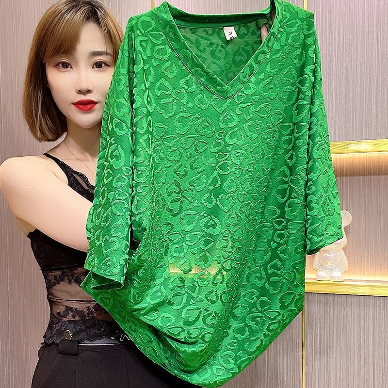 2023 Zomer Mode V-Hals Jacquard Geweven T-Shirts Met Korte Mouwen Dames Losse Casual Doorlatende Halflange Pullovers: XXXL / green