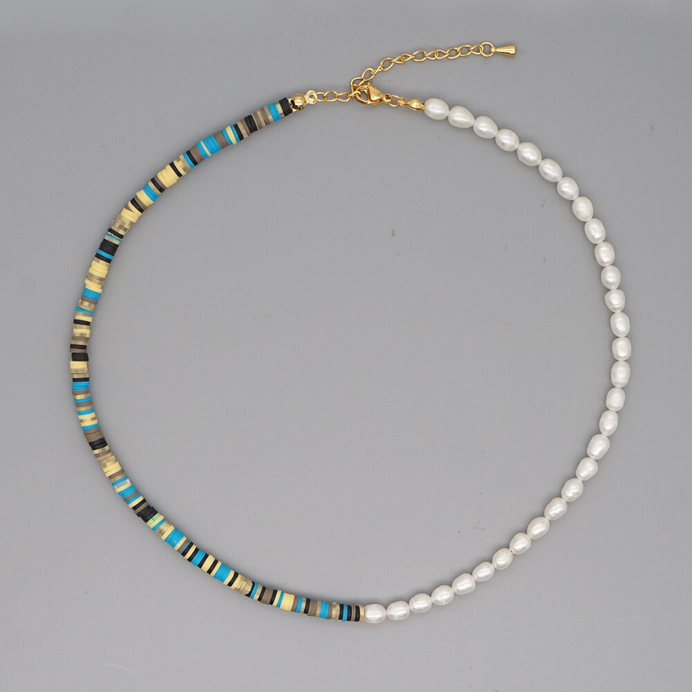 Go2 boho zoetwaterparels kettingen voor dames, sieraden van polymeerklei, heishi, 4mm kralen, handgemaakte choker, roestvrijstalen ketting: Zz -n200033a