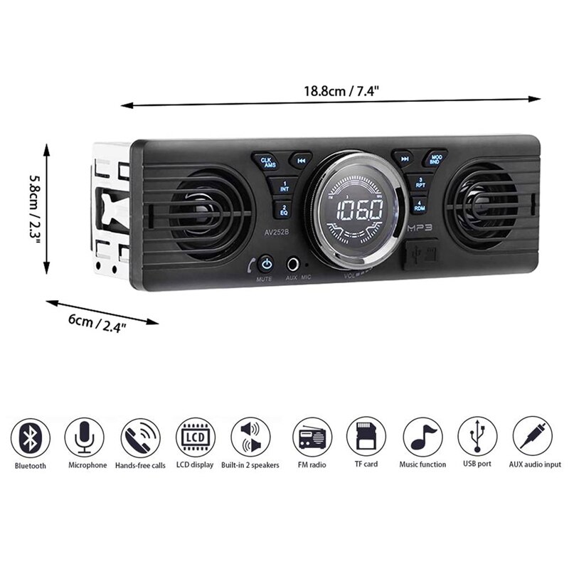 Universal 1 Din In-Dash Car Radio Audio Player Built-In 2 Speaker Stereo FM Support Bluetooth With USB/TF Card Port