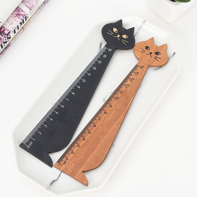 1pc Cat Wooden Ruler Brown Black Straight Ruler Wood Kawaii Drawing Tools Stationery Cartoon Ruler for Kids Office School