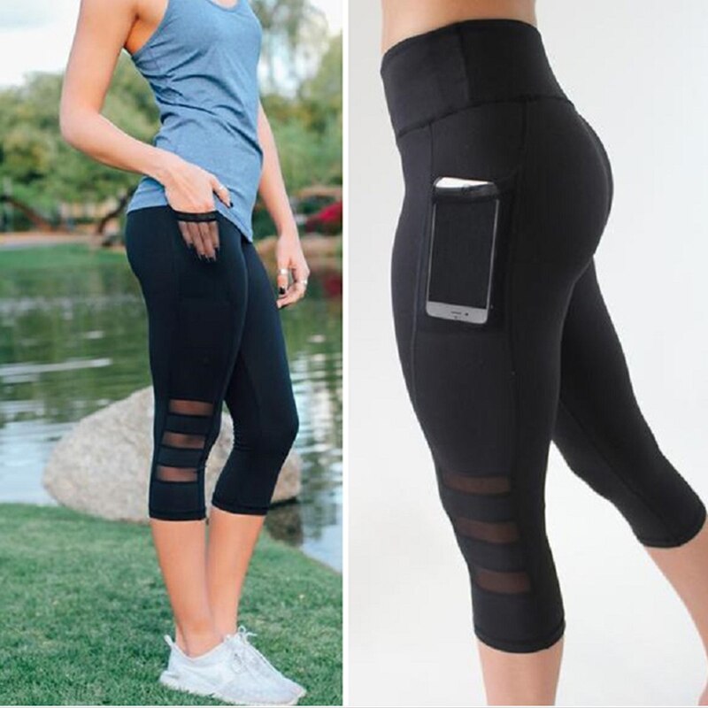 LJQlion Mesh Pocket Leggings Women Gym Sport Yoga Pants Capri 3/4 Short Push Up Tights High Waist Breathable Workout Leggins