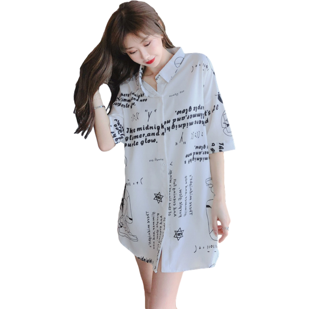 Zomer Vrouwen Wit Nachthemd Nachtkleding Turn-Down Kraag Sexy Chiffon Casual Modieuze Pyjama Halve Mouwen Print: Xl