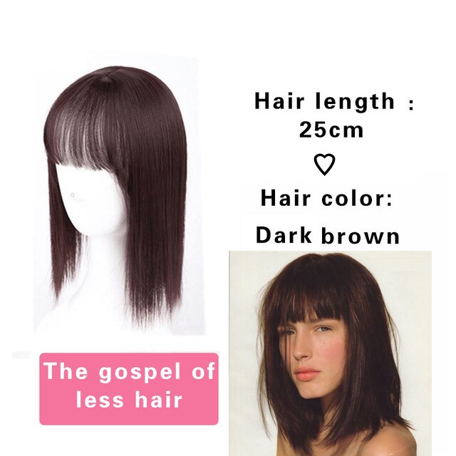 AILIADE Women 2 Clips In One Piece Hair Extension Long Straight Hair Extension Synthetic Topper Hair Piece With Bangs: 25CM Dark Brown