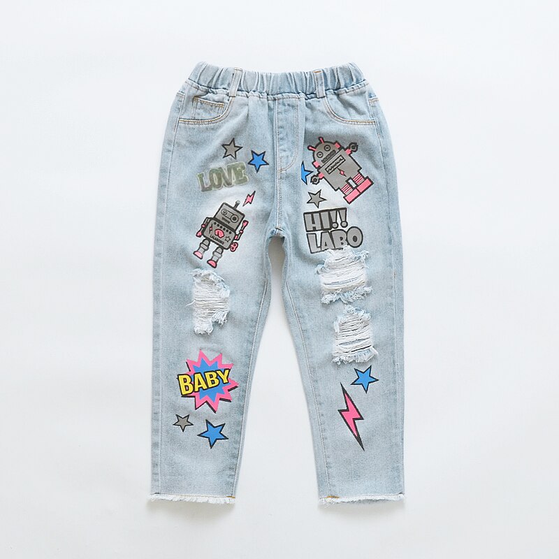 Piger flået jeans forår sommer efterår stil trend denim bukser til børn catoon distraheret hul bukser i 3-14 år