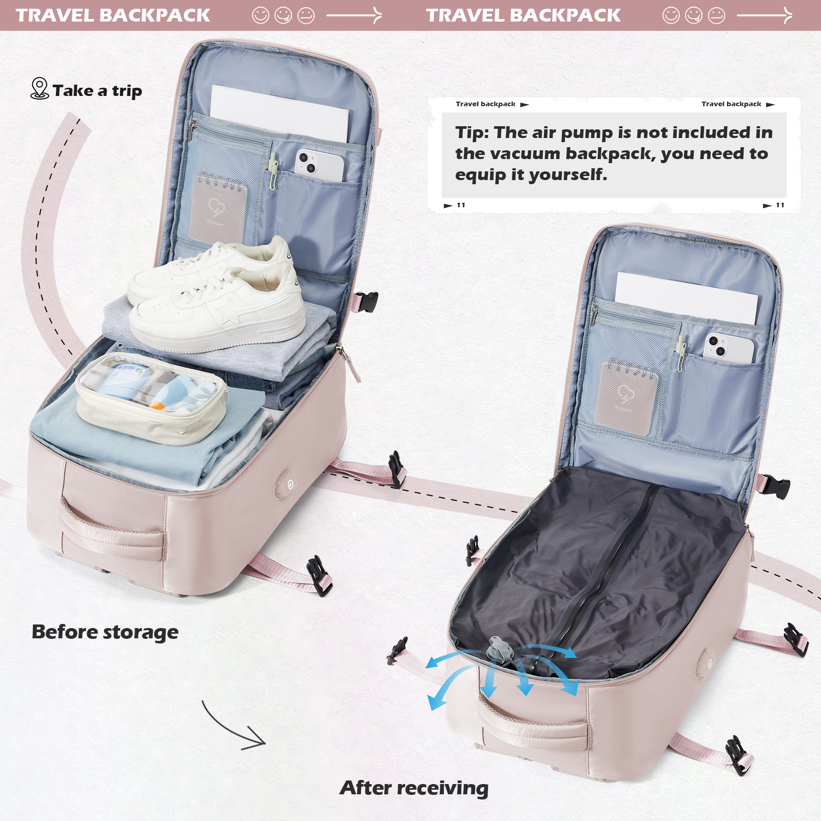 Cabin Airplane Vacuum Travel Backpack, Backpack Hand Luggage 30L Women's Men's 15.6-inch Laptop Bag Vacuum Compression Backpack