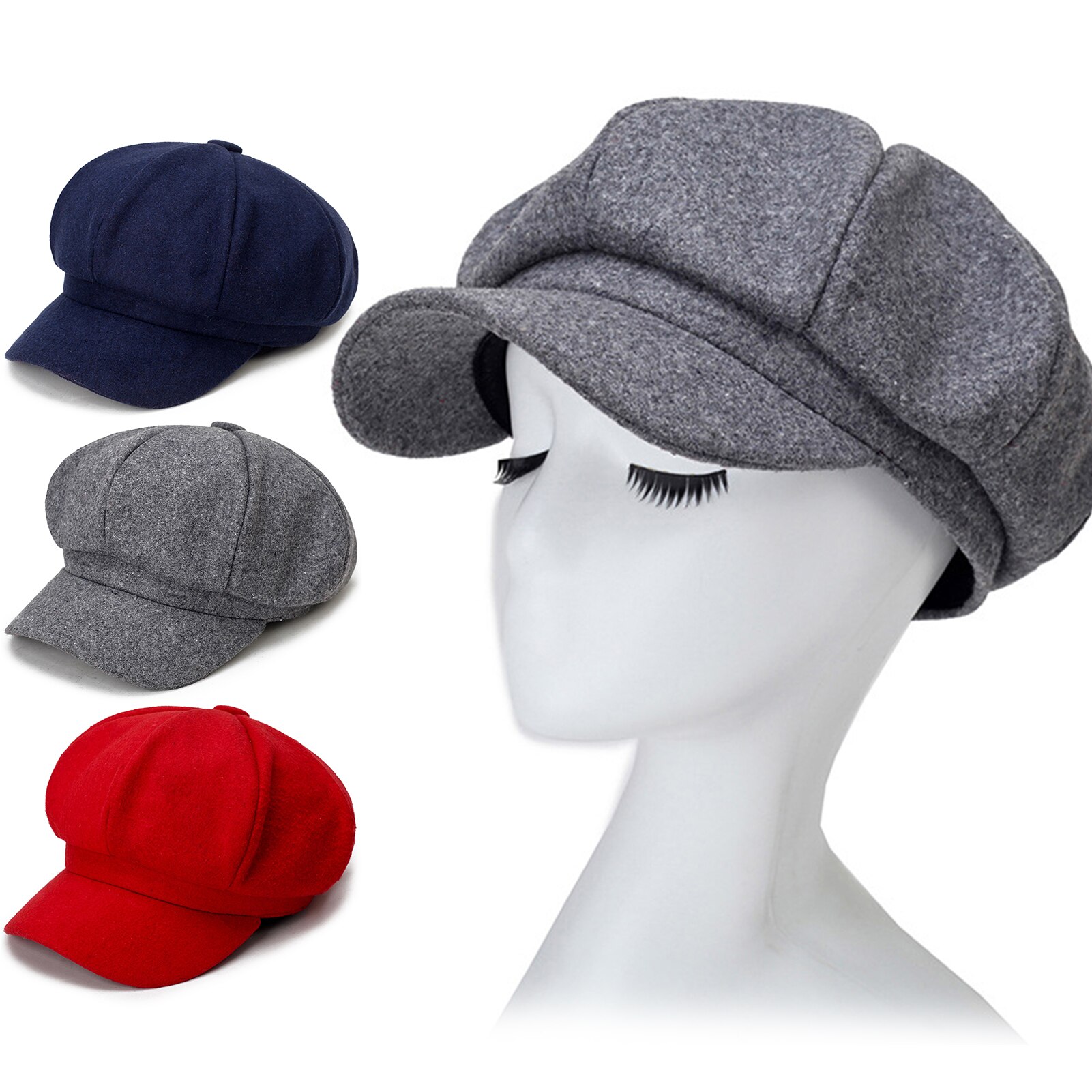 Women's hat Autumn Winter Warm Octagonal Hat Woolen Cloth Casual Beret Cap Solid Artist Painter Newsboy Hats Black Grey